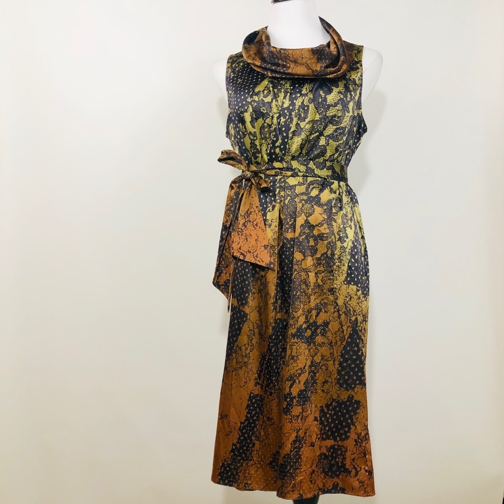 Satin sleeveless cowl neck midi-dress w/ tie belt